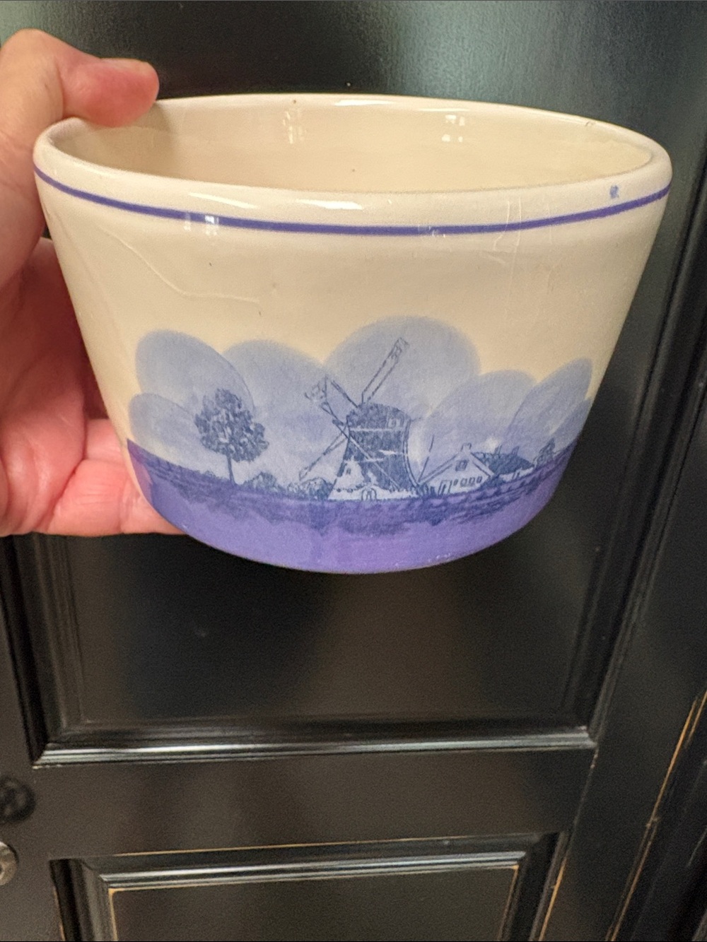 Vintage Blue and Cream Ceramic Bowl with Windmill Motif